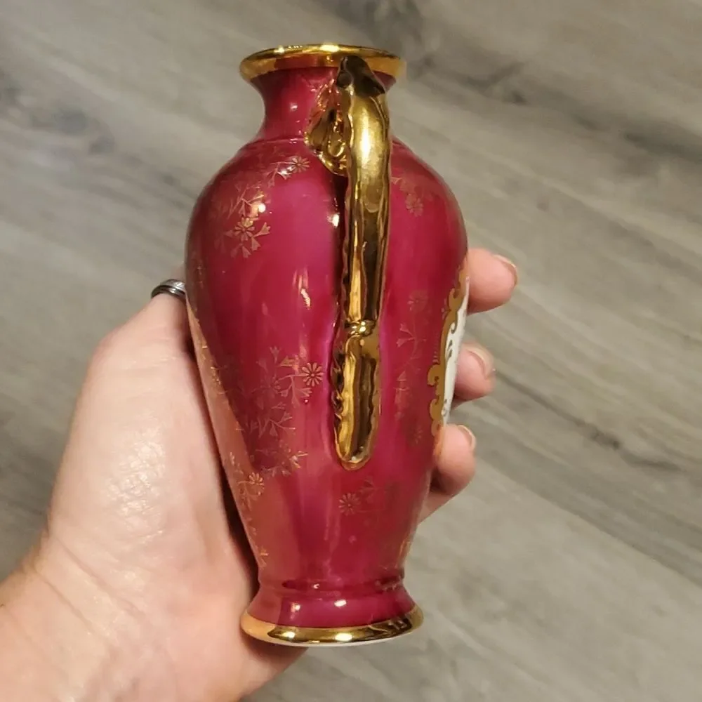 EUC Vintage German KPM Porcelain Maroon Floral Gold Rimmed Vase